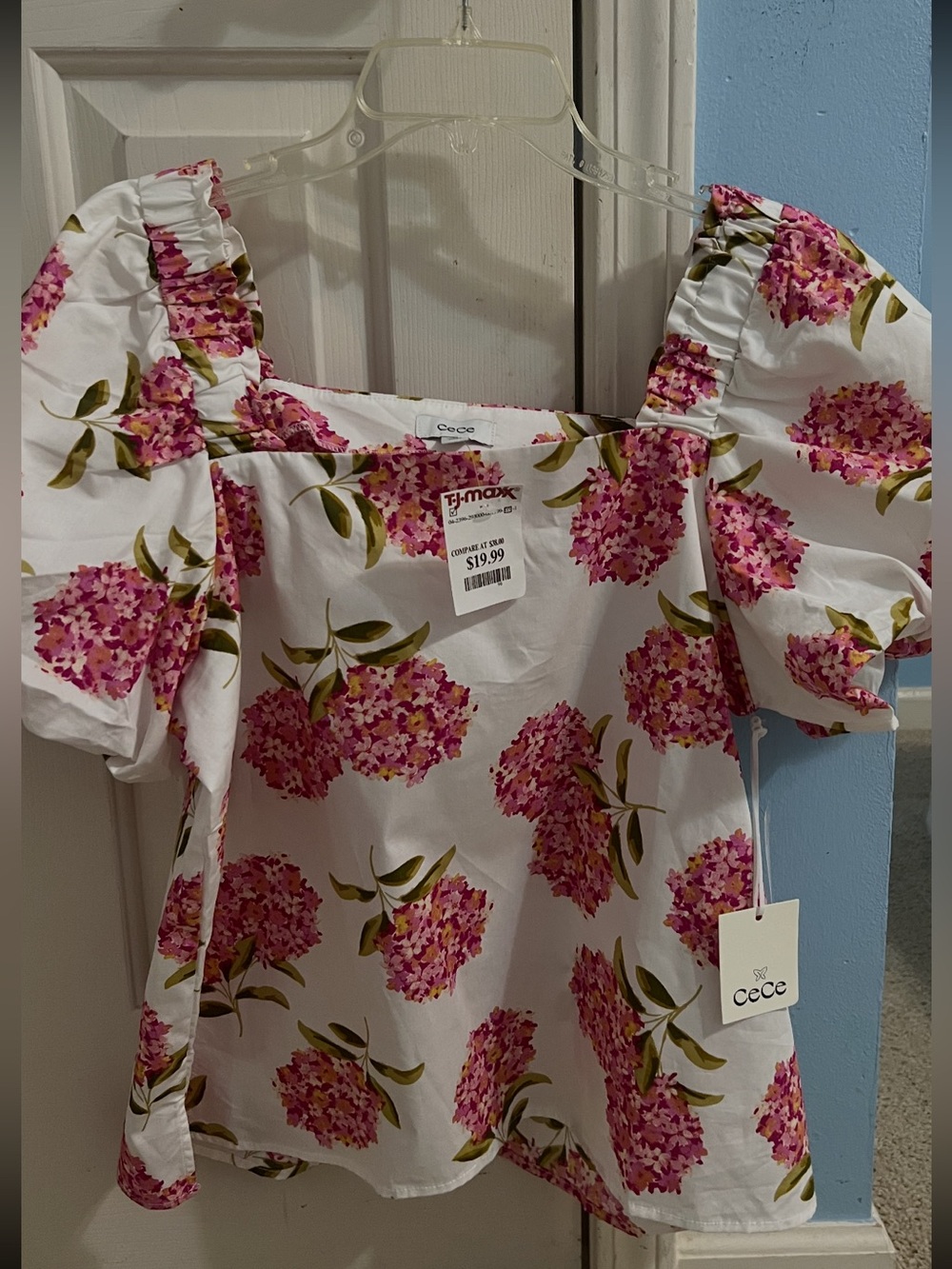 CeCe White Puff-Sleeve Top with Pink Floral Print